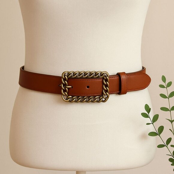 Lodis Brown Leather Belt Size S Chain Detail Buckle Chic Vintage Inspire Fashion - Picture 1 of 14